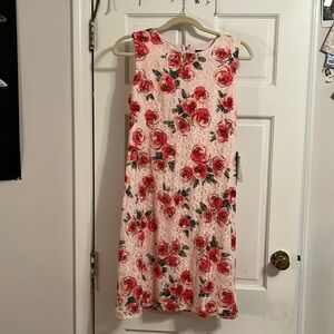 Sleeveless dress - pink with red peonies. Optional matching sweater for $20.